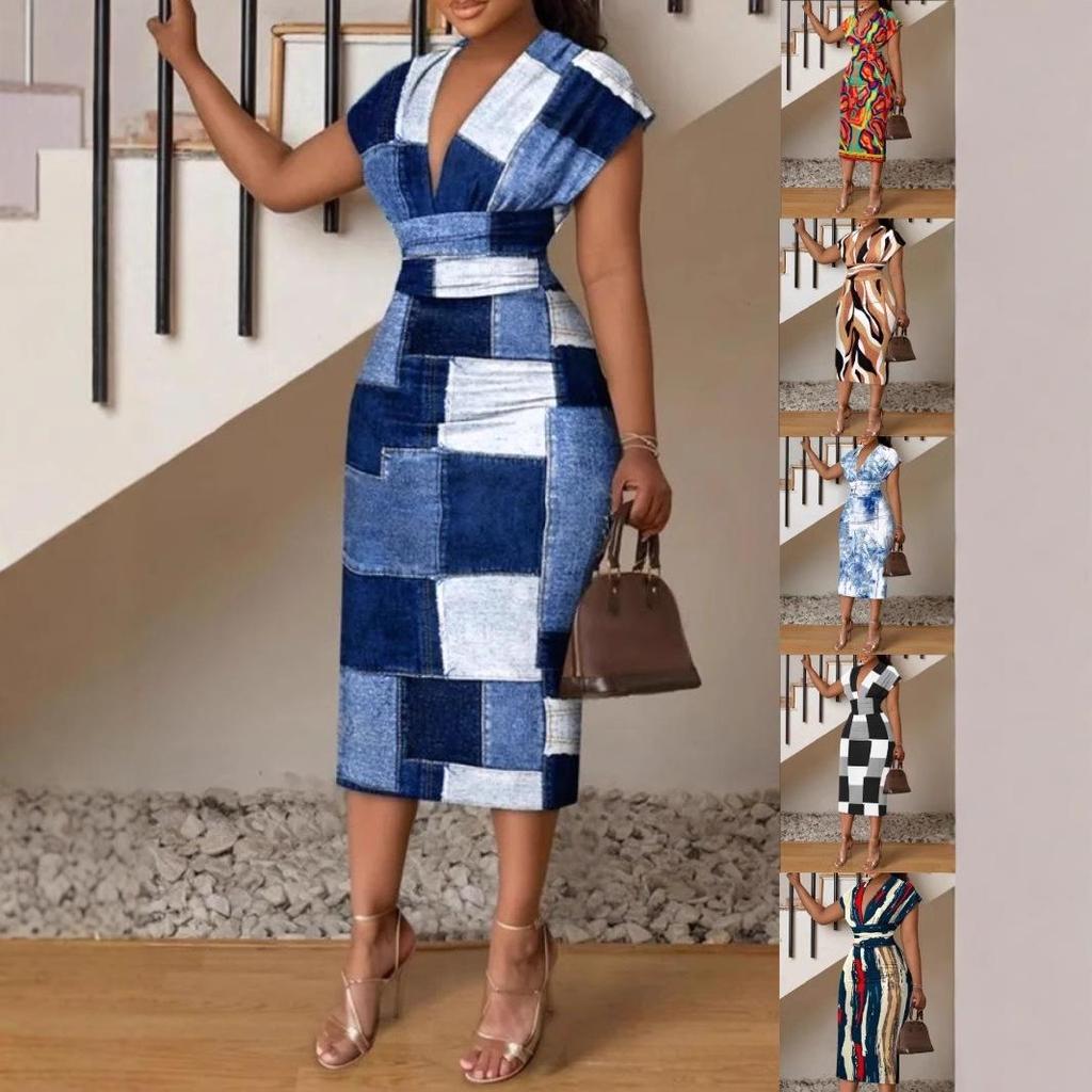 European & American Women's V-Neck Slim Fit Printed Dress