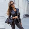 Damska Skórzana Kurtka PU z Długim Rękawem, Dwurzędowa, Jesień Zima, Modna, Osobista, Kurtka do Pracy, Vintage, Klapy, Szykowna, Streetwear