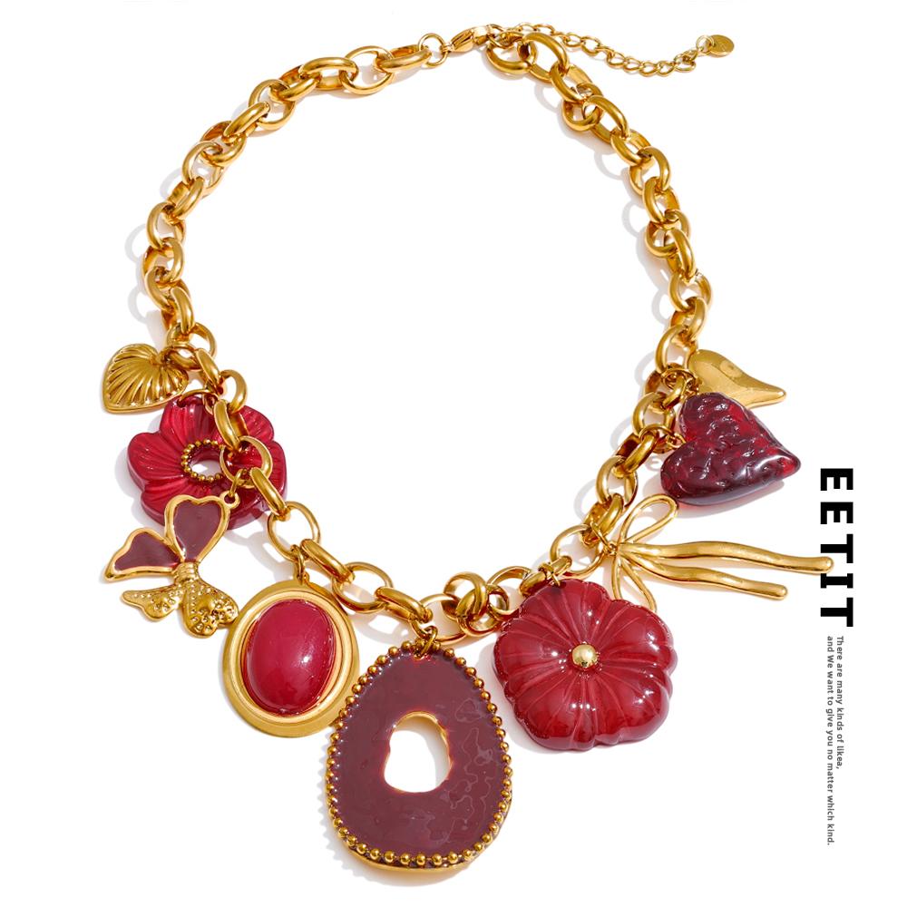 Eetit Red Resin Flower Charm Pendant Necklace 18K Golden PVD Plated Stainless Steel Statement New Arrivals Collar Jewelry 2025