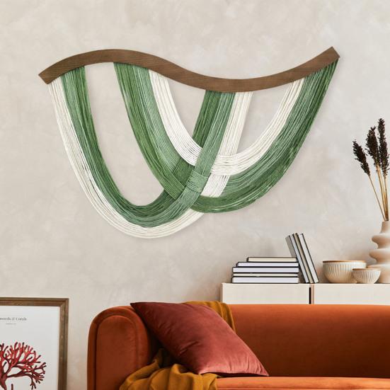Handmade Bohemian Hanging Tapestry Gradient Green To White Cotton Woven Tassel Tapestry Living Room Bedroom Wall Art Decoration