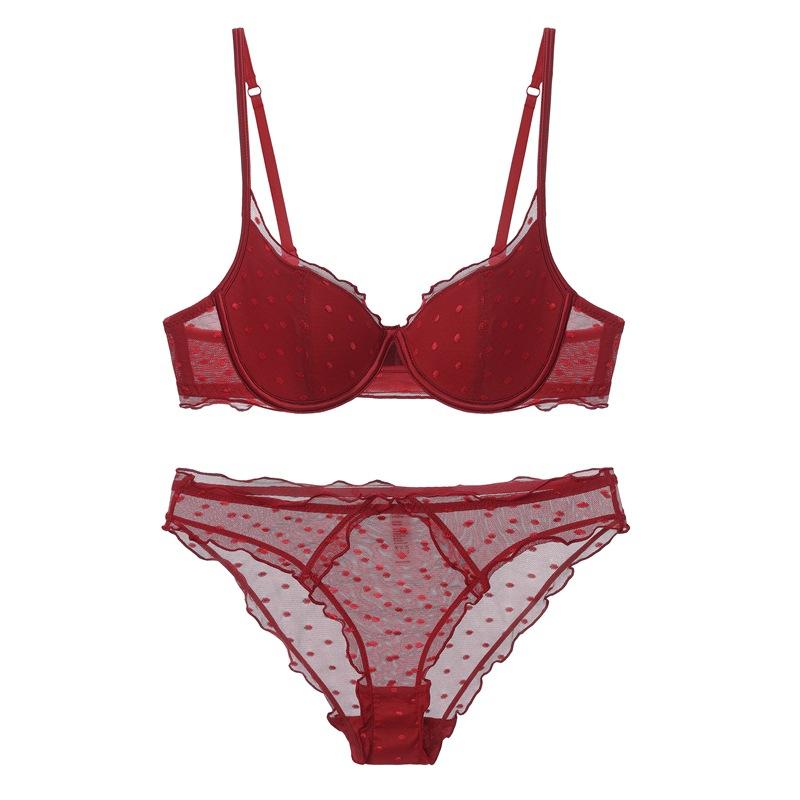 French Lace Women Underwear Sexy Hollow Thin Cup Push Up Bra Fashion Ladies Romantic Lingerie 4 Color Bras With Mesh Panties Set