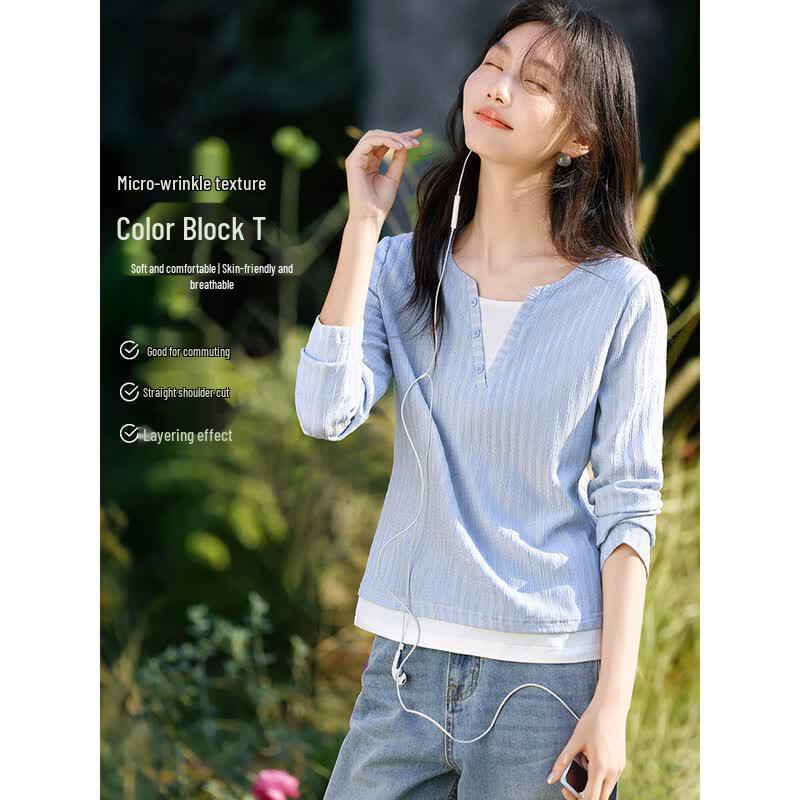 XWI Faux Two-Piece Color Block Pleated Long-Sleeve T-Shirt XL