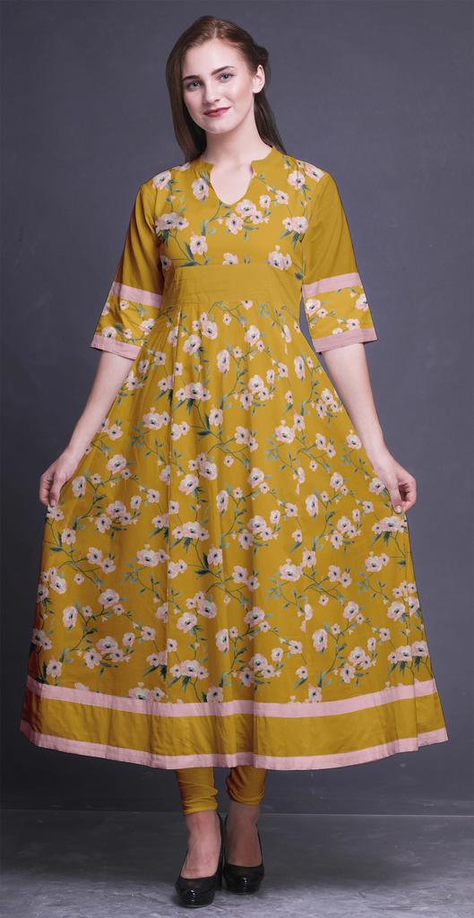 Bimba Gold Leaves & Peony Floral Printed Womens AnarkaliA  KurtiA  Kurta Flared Maxi Blouse