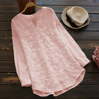 Women's Summer Lace Long Sleeve Pullover Loose Large Size Casual Tops Embroidered V-Neck Pullover Sweatshirt