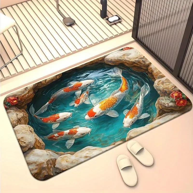 3D Optische Illusion Teppich Realistischer Fischteich Bereichsteppich Waschbar Goldfischteich Fußmatte Rutschfest