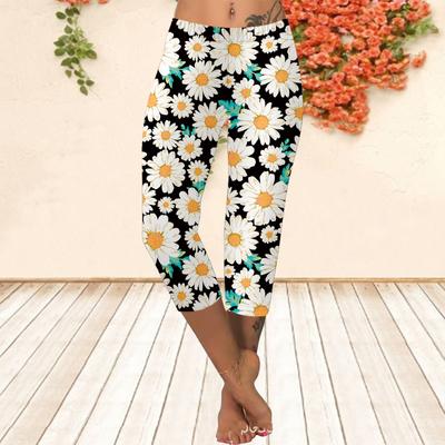 Long Pants, Summer Short Leggings, Short Tight Pants, Plus Size Leggins Women's Slim Fit 3D White Floral Printed Long Pants