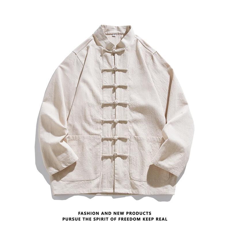 Herbst Herren Einfarbiges Hemd Herren Langarm Chinesischer Stil Hemden Tang Anzug Herren Retro Kung Fu Tai Chi Oberteile Weiße Hemden