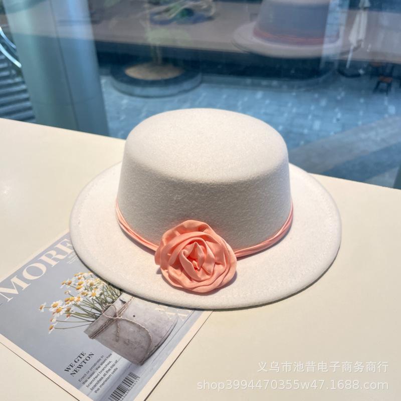 Rose flower strap flat top woolen top hat female autumn and winter warm sweet cute fashion versatile performance flat top hat