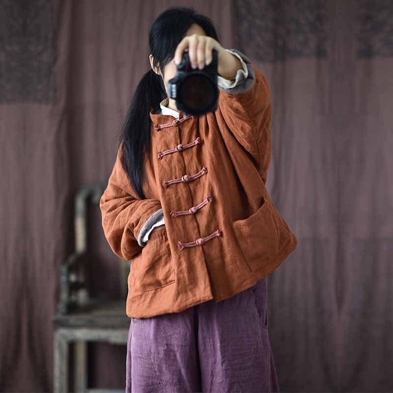 

Johnature женские винтажные льняные парки на пуговицах однотонные пальто зимние со стойкой плюс хлопковые карманы женские китайские парки One Size оранжевый