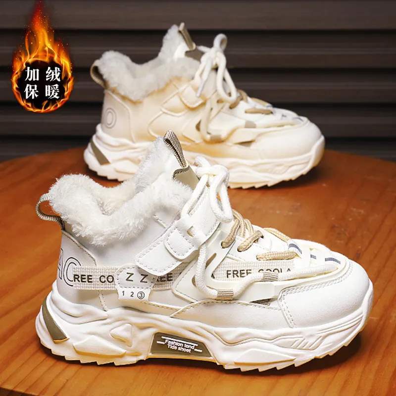 Girls Shoes Winter 2025 New Children's Non-slip Soft-soled Dad Shoes Trendy Older Children's Sports Shoes Velvet Cotton Shoes