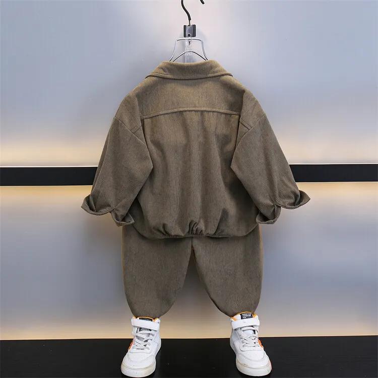 Boys' Stylish Fall Set: Solid-Color Collared Shirt + Corduroy Pants Two-Piece Outfit