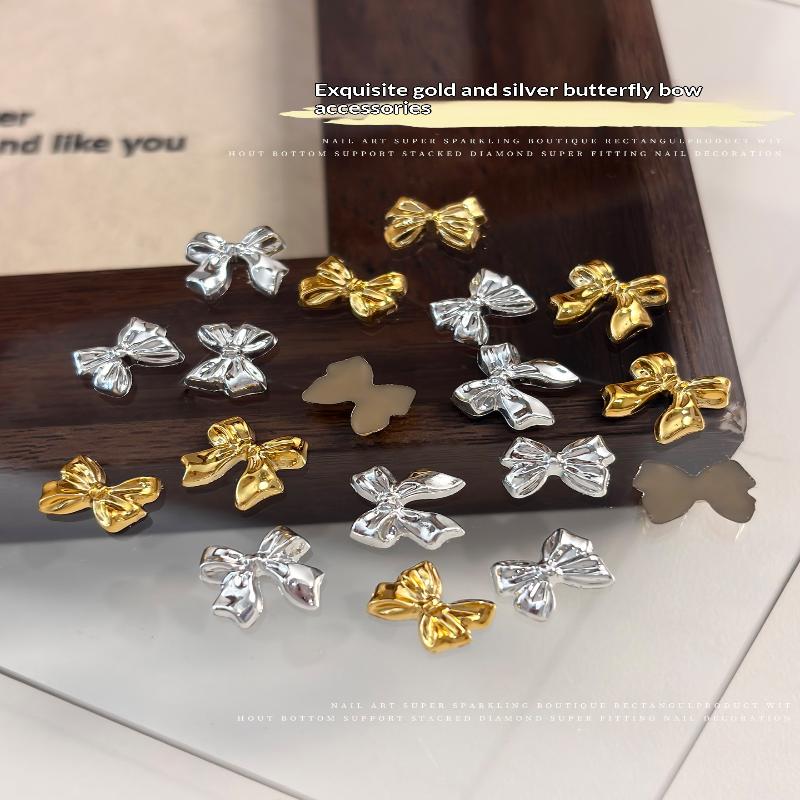 50Pcs Gold Silver Brief French Bow Tie Bowknots Ribbon Resin Nail Art Decorations Manicure Imitation Metal Charms