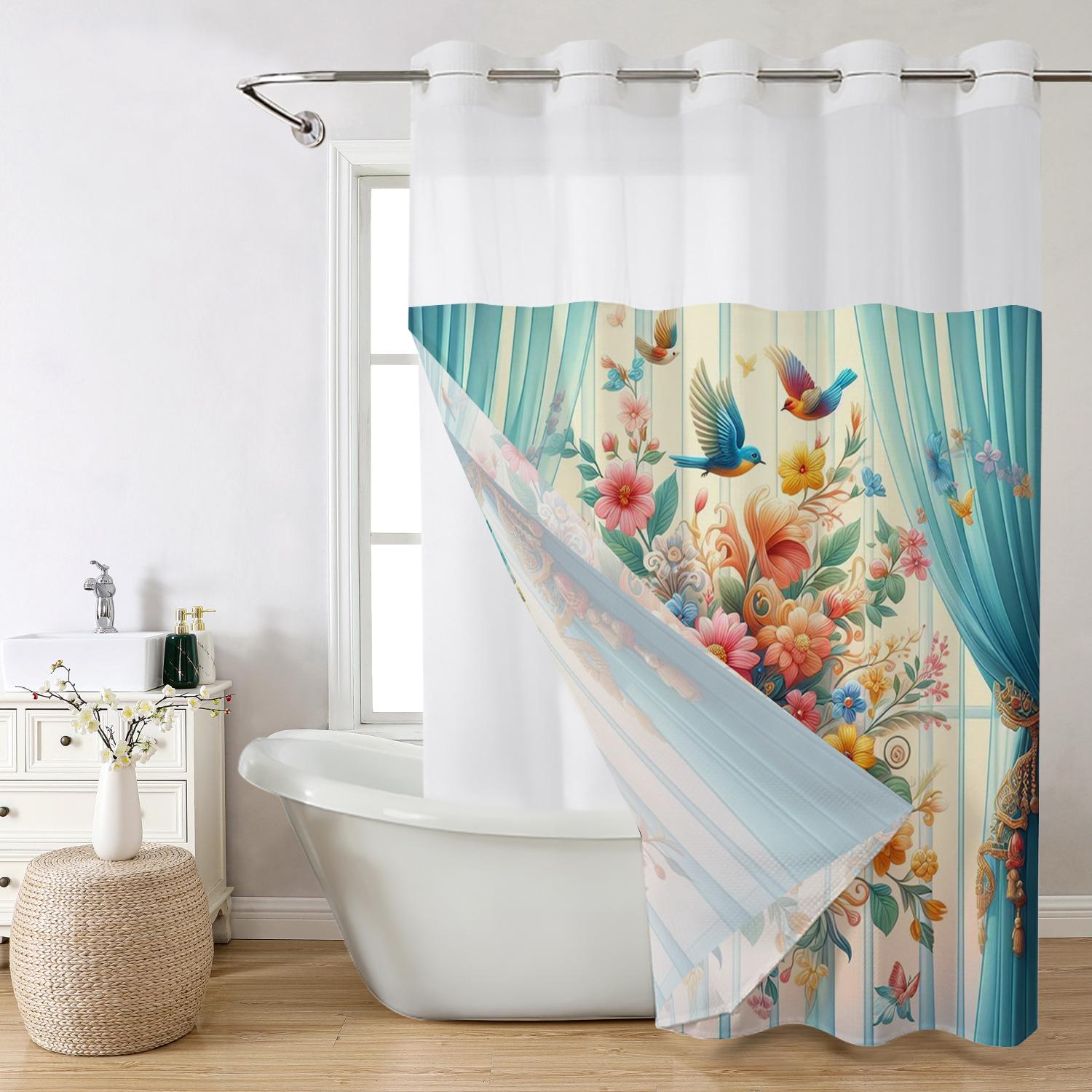 

No Hook Floral Pattern Shower Curtain With Snap-In Fabric Liner, Sheer Top Window, Waterproof Double Layer Bathtub Curtain W60H190(CM)-1 Pcs