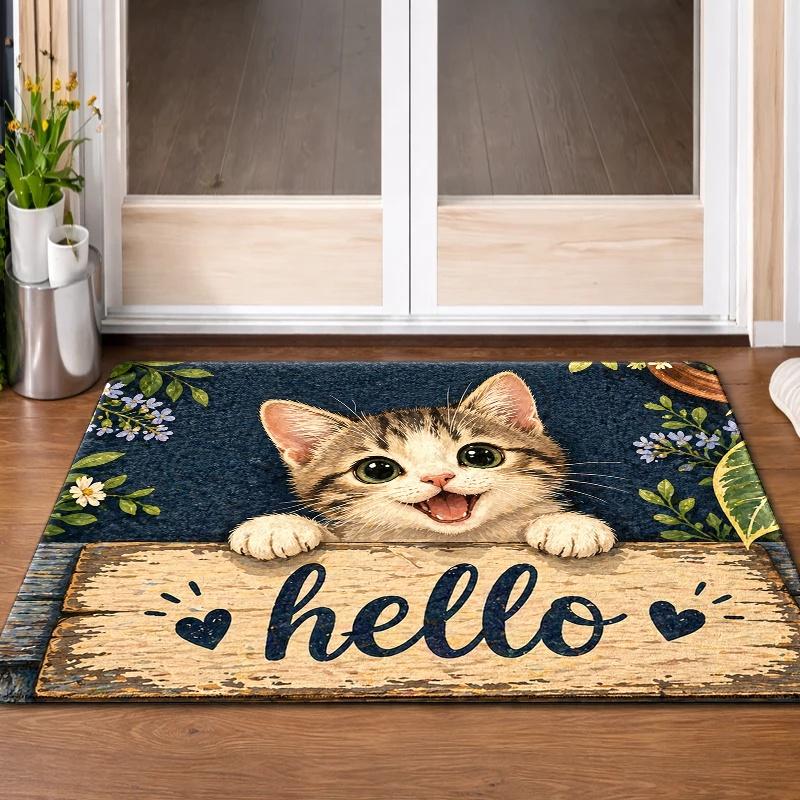 1Pcs Anti Fatigue Kitchen Rugs,  Cute Cat Hello  Print Waterproof Non-Slip Thick Cushioned Kitchen Mat Heavy Duty Comfort Standing Mat for Kitchen