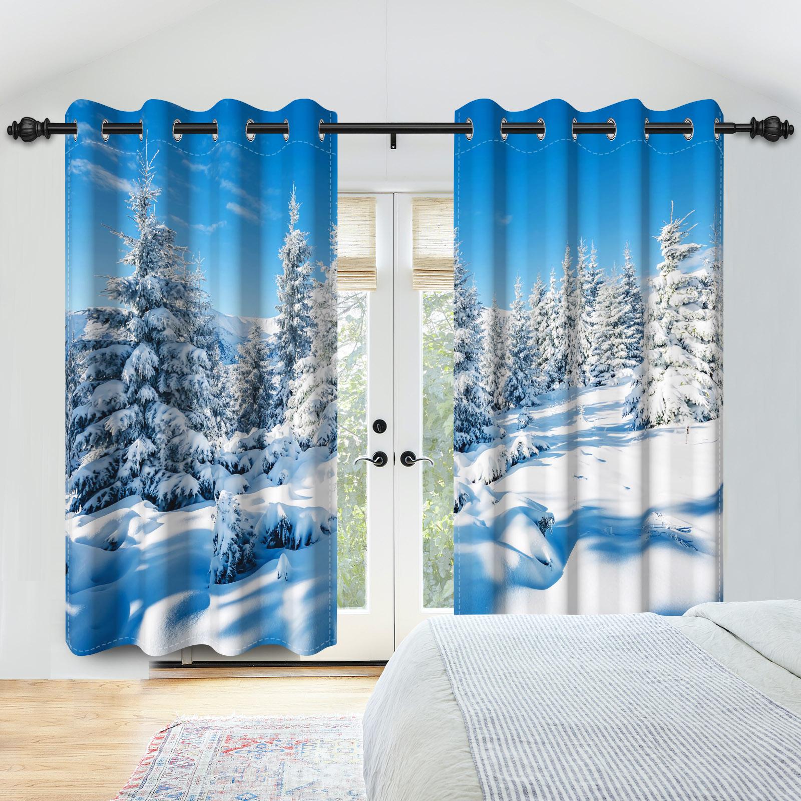 

Winter Snow Scenery Blackout Curtains Snowman Pine Forest Pattern Bedroom Living Room Darkening Noise-reducing Window Curtain 50x120cm 2pcs