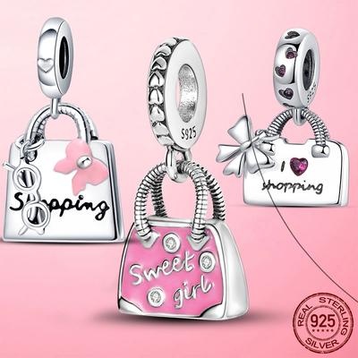 Women Handbag Dangle Charm Bead Charms Copper Pendant Pink Enamel Travel Shopping Bag Bead Charms Authentic Accessories Bracelets Gift