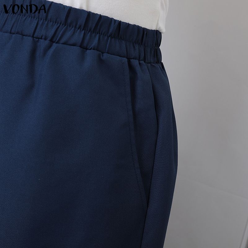 VONDA Women Casual Elastic Waist Casual Nonelastic Wide Leg Pants Ruffled Hem Trousers