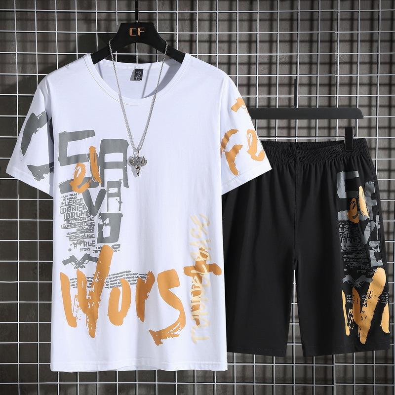 Summer Short-sleeved Not Hooded Black Casual Shorts Thin Sports Suit Fat Round Neck Plus Size
