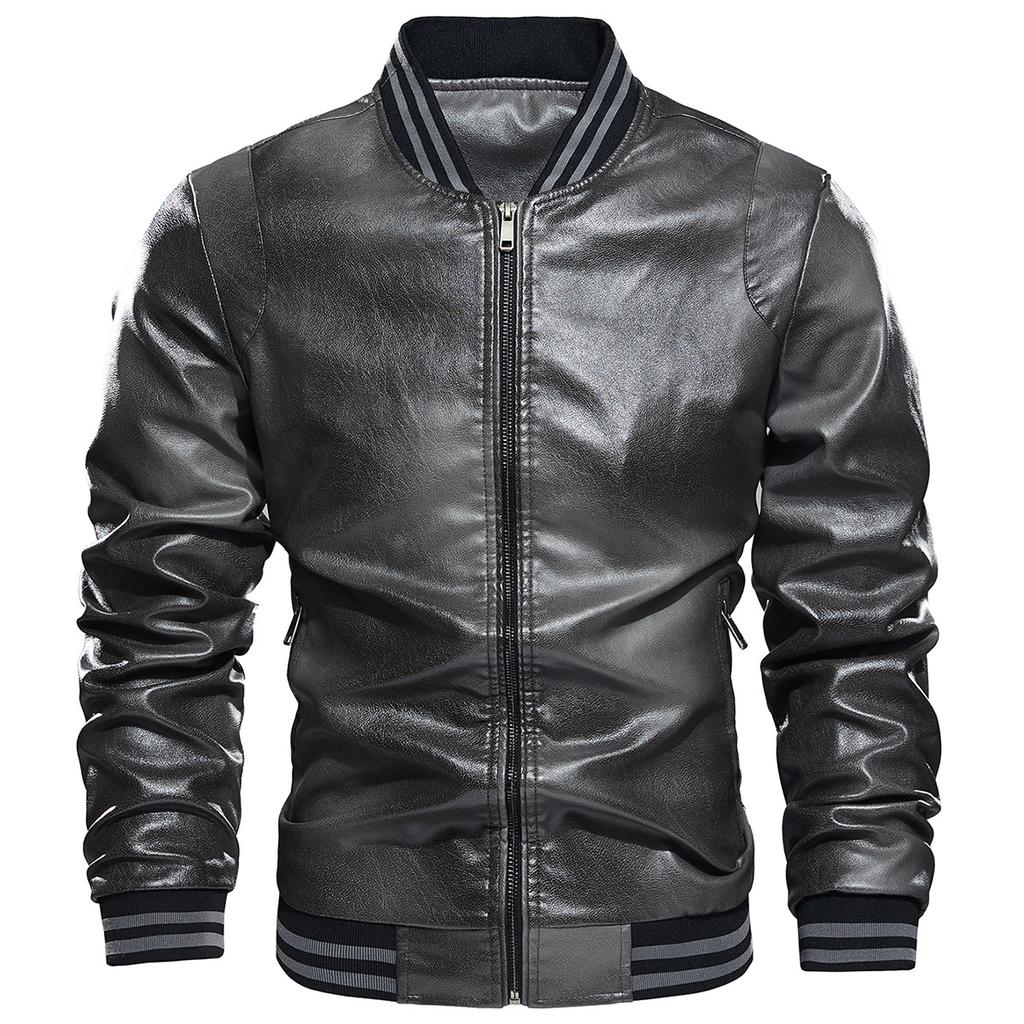 European size for spring and autumn new trendy casual zipper PU leather jacket stand-up collar cardigan velvet leather jacket