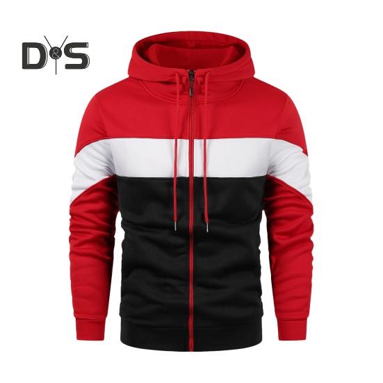 

Осень-весна Мужская толстовка с капюшоном на шнурке с цветными блоками, застежка-молния, эластичные манжеты, свободный кардиган с капюшоном, длинные рукава, спортивная повседневная куртка M красный
