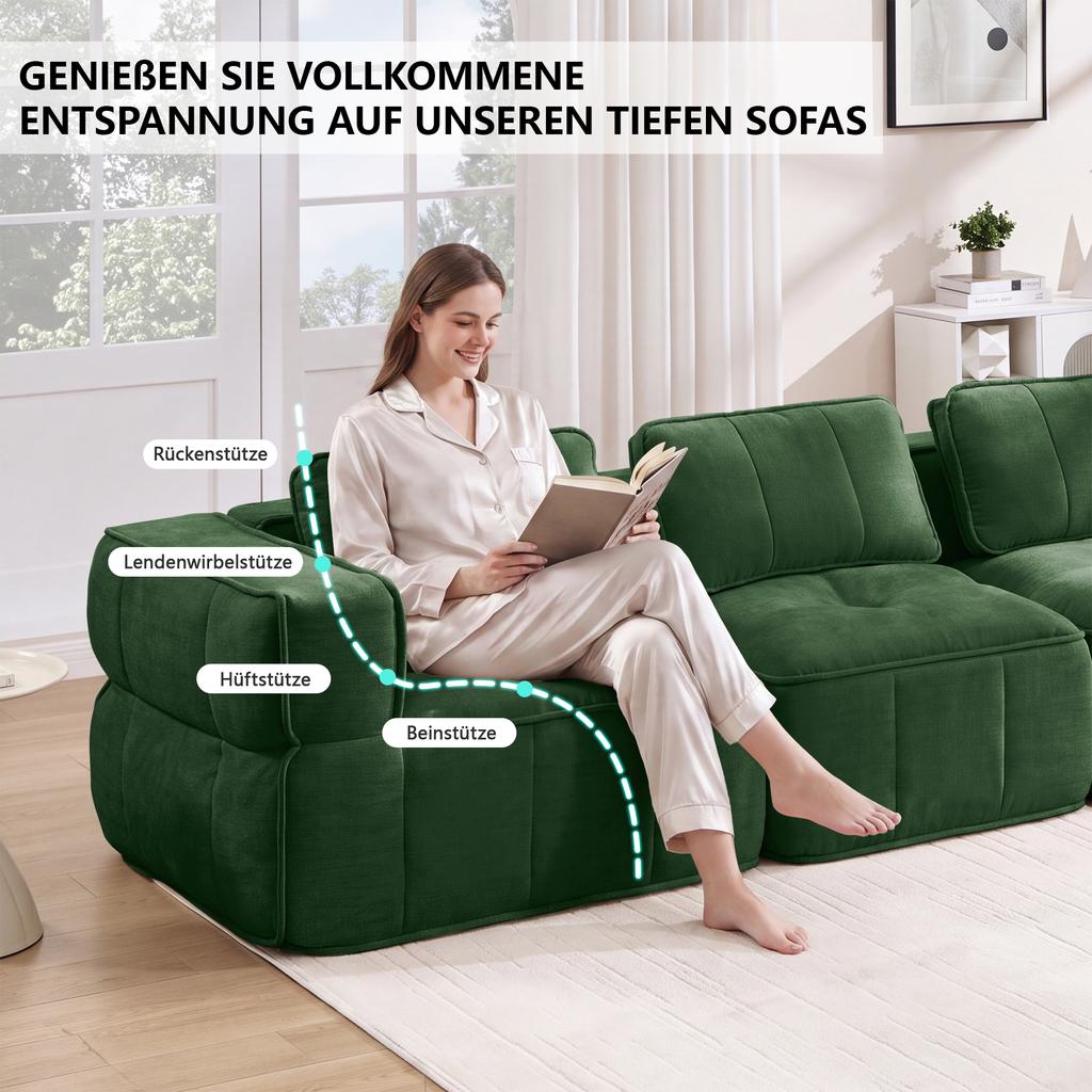 Sofá Nube Extra Grande de 4 Plazas sin Estructura, Modular, Espuma de Alta Densidad 32D, Agradable al Tacto, Tejido Suave, Antideslizante, No Requiere Montaje, Verde.