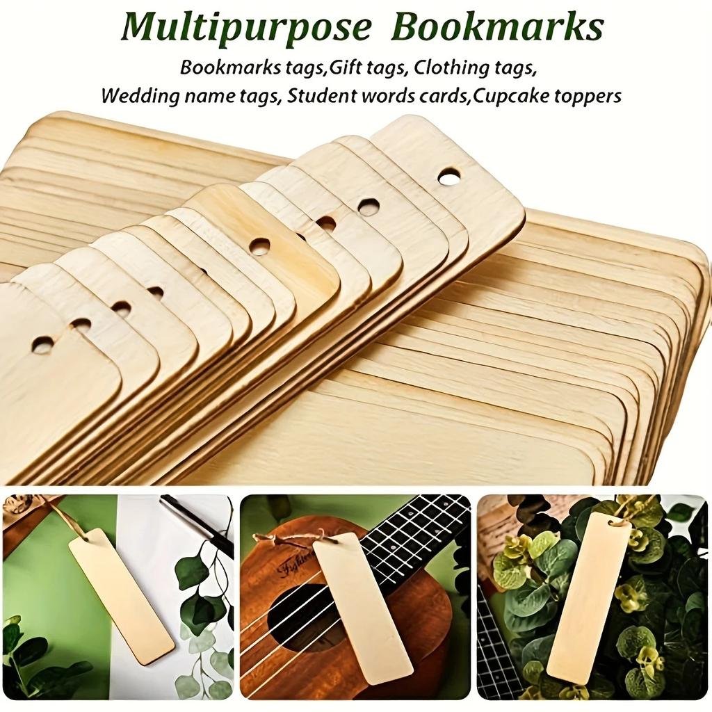 50pcs Wooden Blank Bookmarks DIY Wooden Craft Bookmarks Wooden Laser-cut Wooden Pendants Wooden Square Tags Tassel Color Random