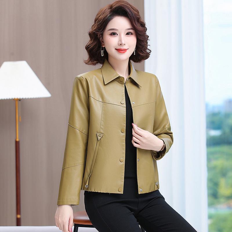 Spring 2025 Women's PU Leather Jacket - Short, Casual, Versatile Style for Middle-Aged Moms