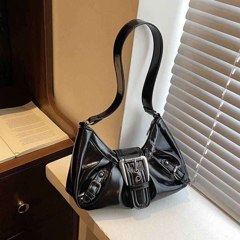 

Belt Pleated Design Women PU Leather Shoulder Bags Y2K Style Simple Ladies Underarm Bag Casual Trendy Female Handbags Purse чёрный
