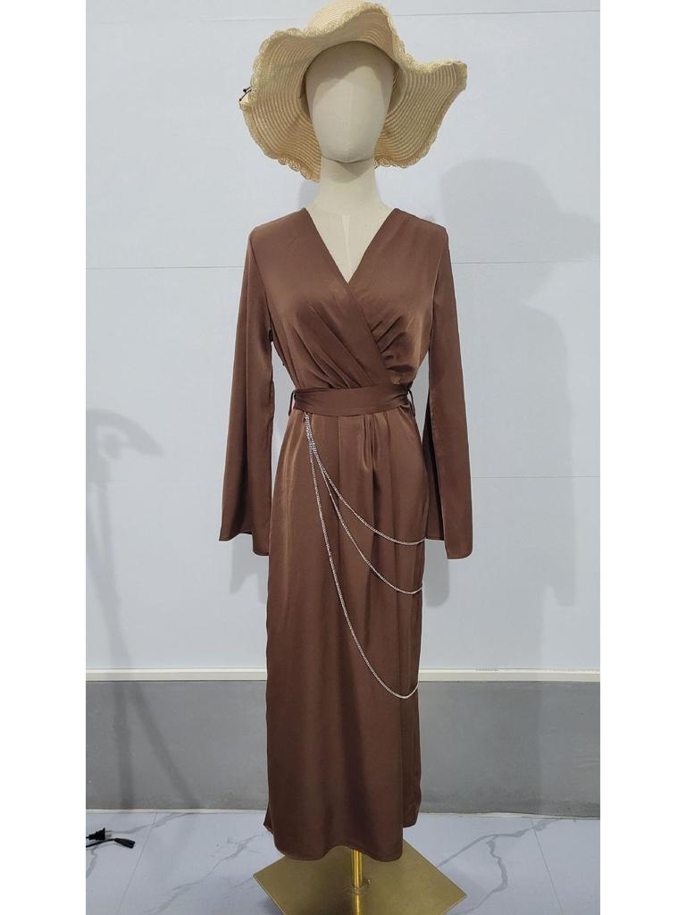 2025 Spring Women's Solid Color Satin Long Dress with Chain Waist