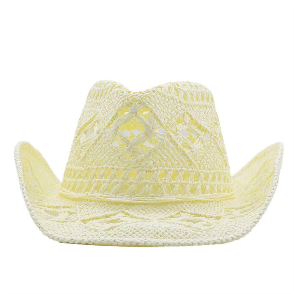 Straw Beach Sun Hat Hollow Out Roll Up Jazz Hat Casual Unisex Cowboy Hat