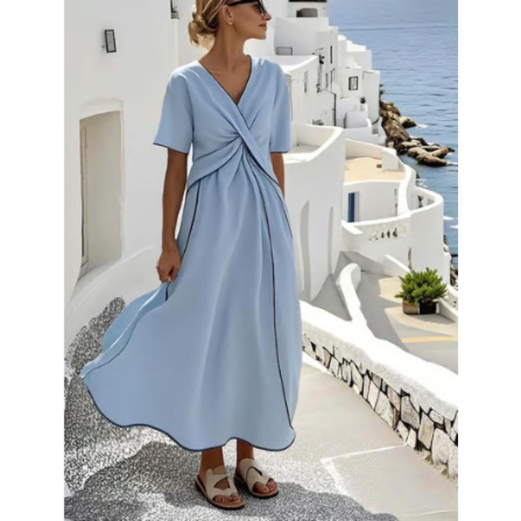 Women's V Neck Short Sleeve Maxi Dress Loose Fit Mid Waist Elegant Striped Wrap Dress