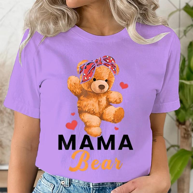 Teddy Mama Bear Graphic T Shirts Women Cartoon Bear Lover Graphic Tee Cute Teddy Mom Printed Women Tshirt Cartoon Classic Tops
