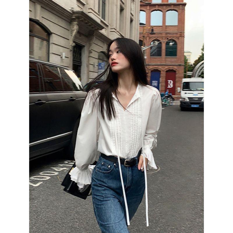 

Pusumede French Style Flare Sleeve Tie-Neck White Shirt White L