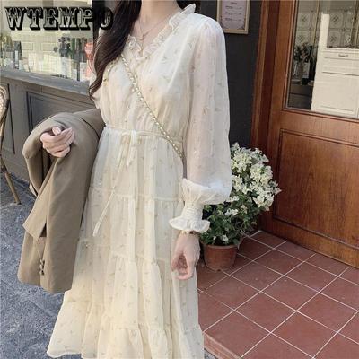 Spring and Autumn Women's Dress Gentle Style Medium Length Dress Design Sense Small Chiffon Flower Skirt
