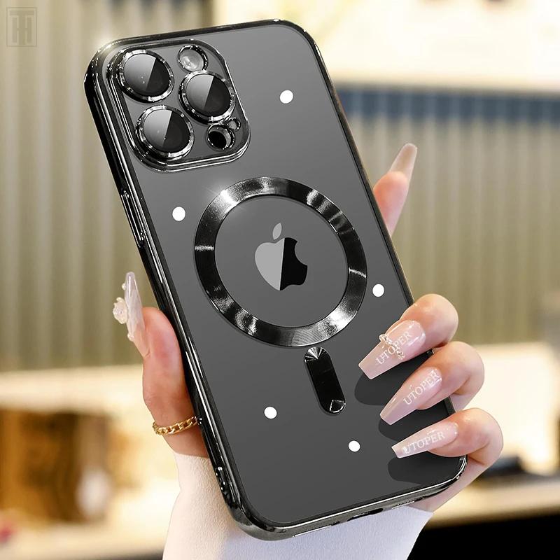 New Plating Soft TPU Lens Film Protect Transparent Case For iPhone 15 14 13 12 11 Pro Max Plus Magsafe Magnetic Charging Cover