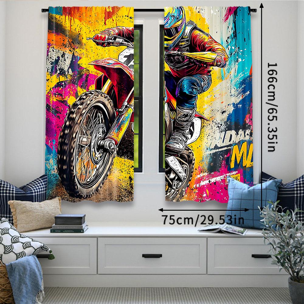 2Pcs Dirt Bike Curtain Teens Men Motorcycle Curtain Colorful Curtain Motocross Rider Motorcyclist Curtain Modern Art Room Decor