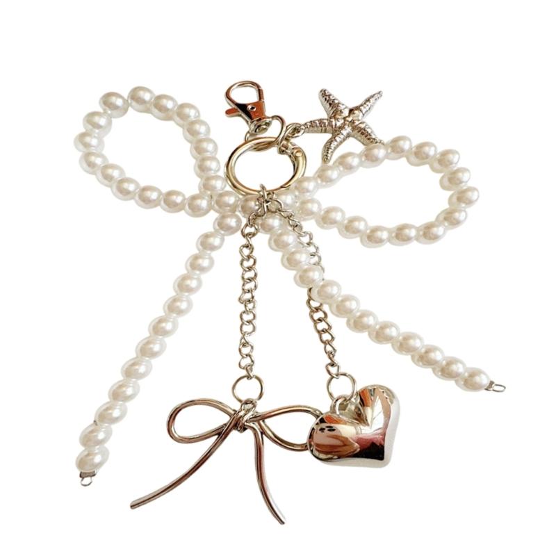 Elegant Pearls Bowknot Starfish Pendant Keychain Lightweight PVC Plastic Beaded Phone Charm For Women Gift 1