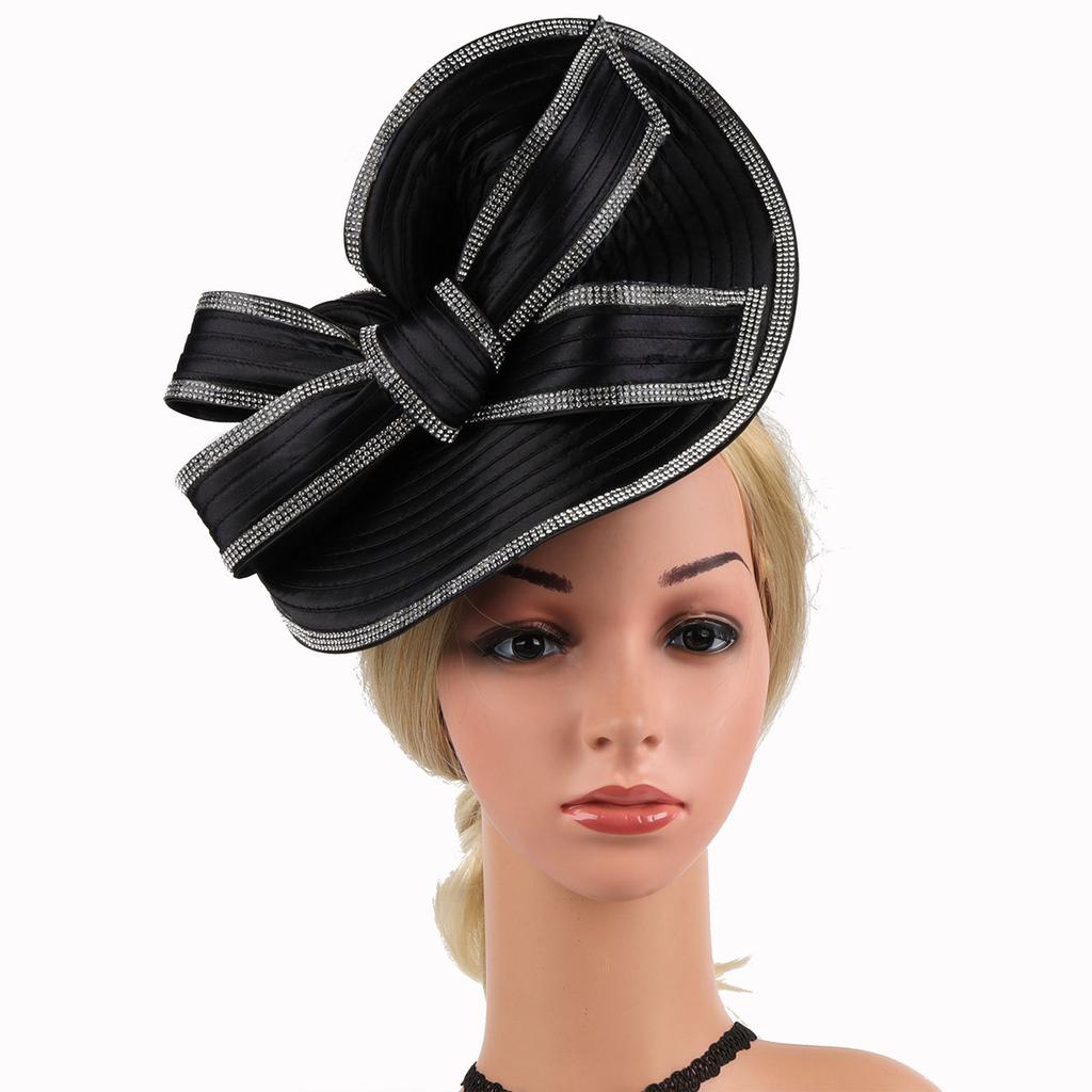 TeaParty Fascinator Hat Kentucky Derby Rhinestone Trim Hat Headband for Cocktail Big Bowknot Bowler Hat 1920s Church Hat