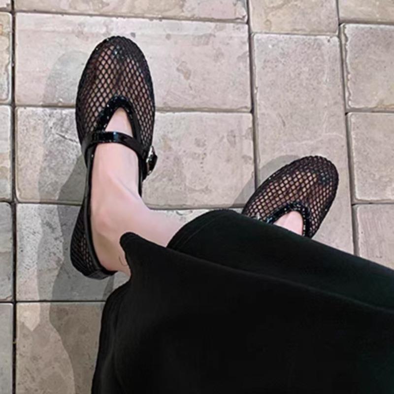 Shallow Mouth Net Cloth Single Shoes Summer New Round Head Metal Buckle Line with Soft Sole Non-slip Flat Shoes