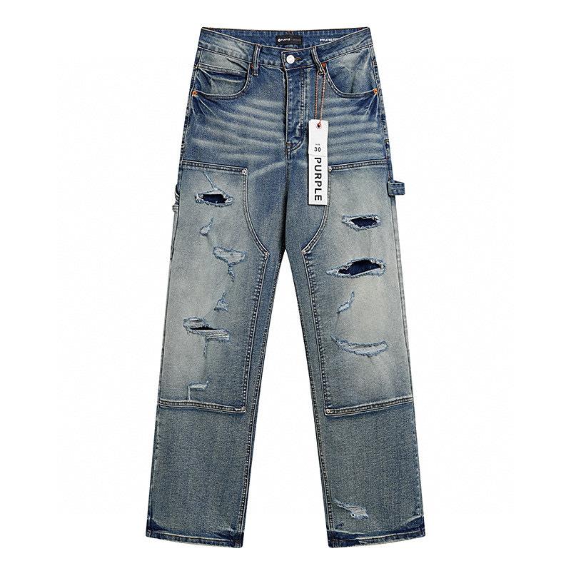 Tide Brand Washed Vintage Distressed Ripped Craft Stretch Jeans Wide Legs American High Street Style Tide