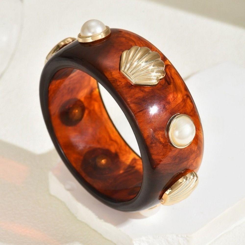 Round Resin Pearl Shell Bracelet Wide Cuff Bracelet Exaggerated Design Bohemian Bangle  Men