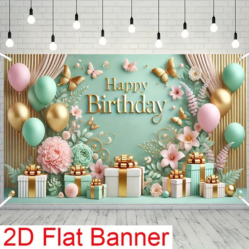 2D Flat Happy Birthday Celebration Banner Tapestry Balloons Gifts Butterflies Party Decoration Festive Atmosphere