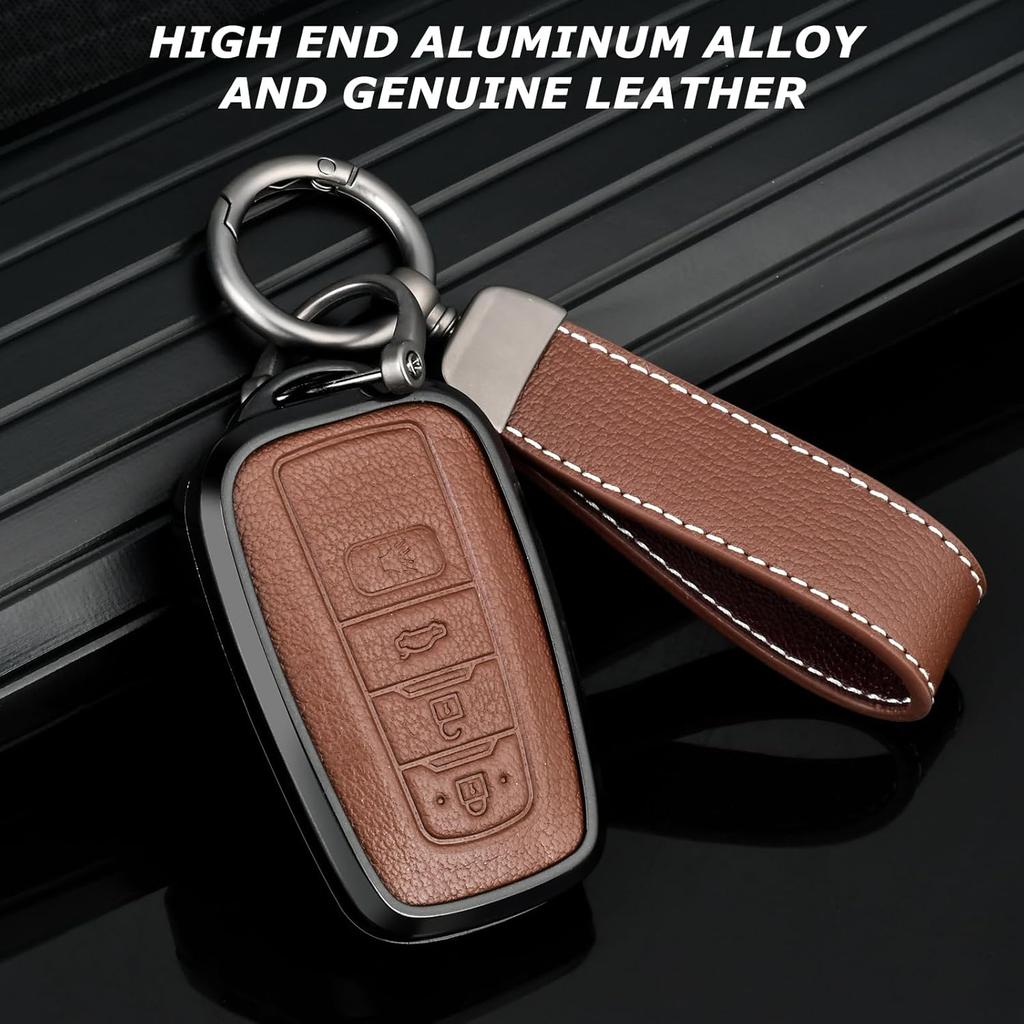 for Toyota Key Fob Cover with Keychain,  Aluminum Alloy and Leather Protection Key Case for 2018- Camry RAV4 Highlander Avalon C-HR Prius Corolla