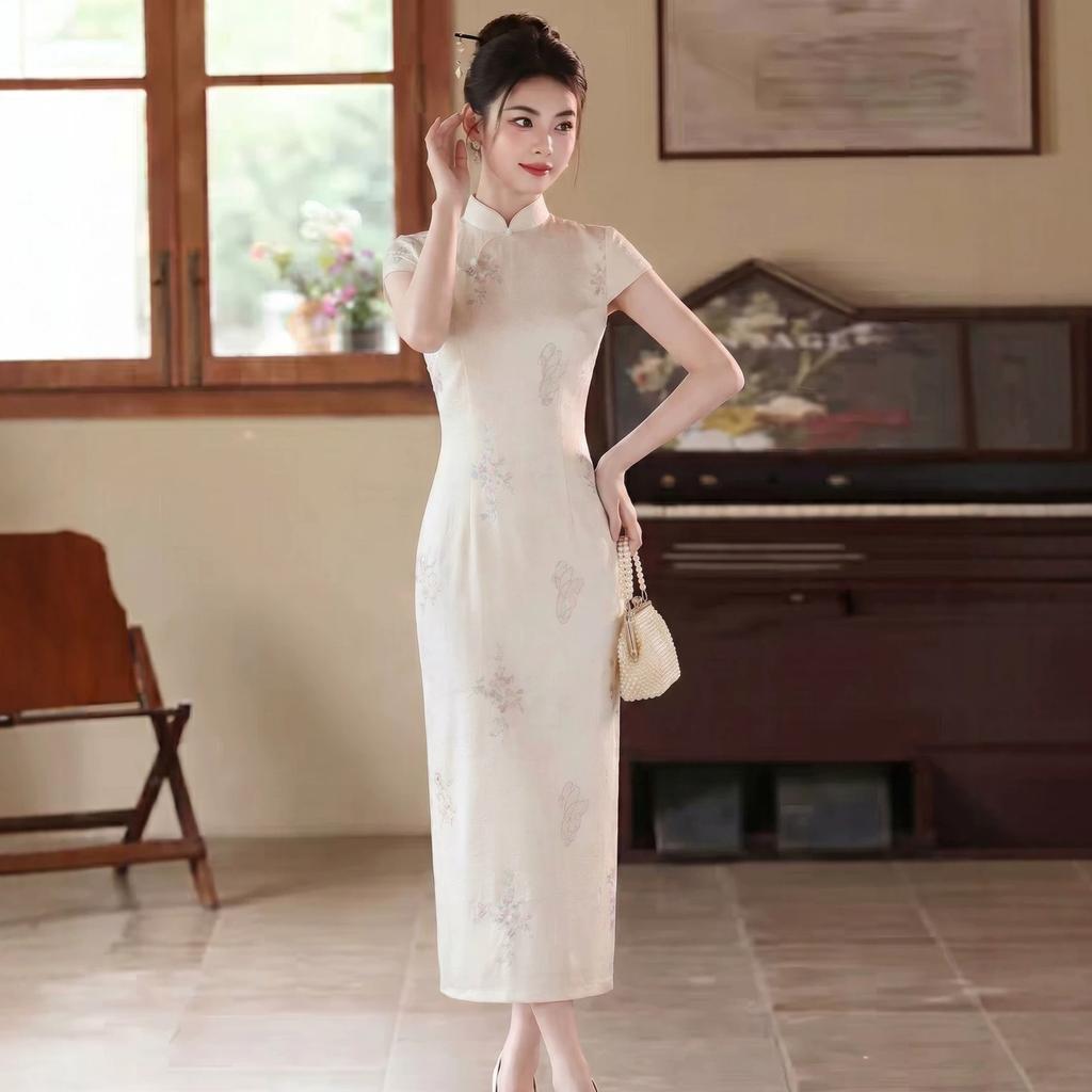 Vintage beige improved gentle white elegant temperament 1011 new daily commuting young slim dress summer