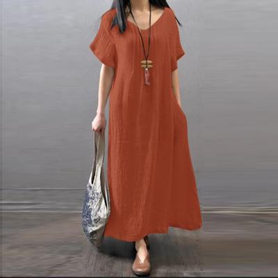 V-neck Short Sleeve Women's Cotton Linen Loose   Casual Solid Color Pocket Dress Clothing Plus Size