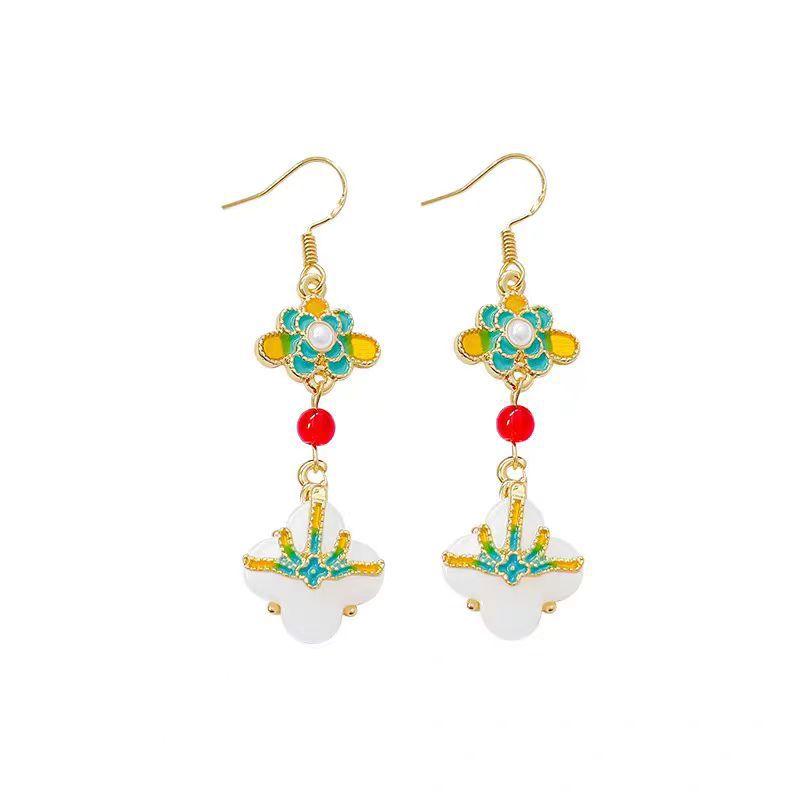 Antique elegant Hanfu versatile enamel glaze flower ear hook niche design fringed earrings retro temperament trendy earrings