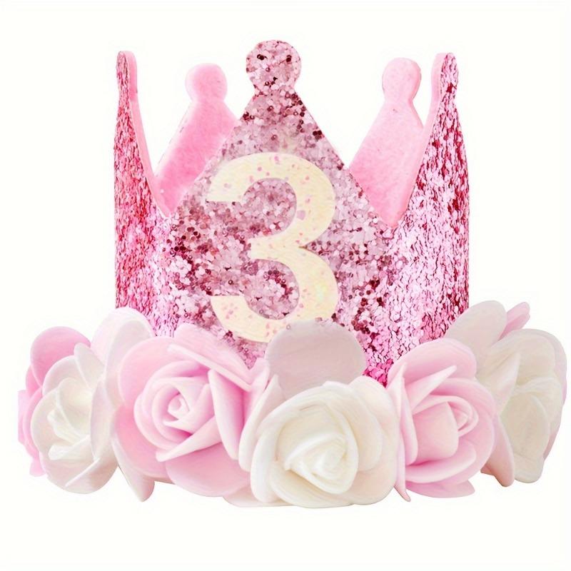 1PC 1, 2, 3, 4, 5 Birthday Hat, Pink and White Flowers and Pink Sequined Felt Birthday Party Crown Hat