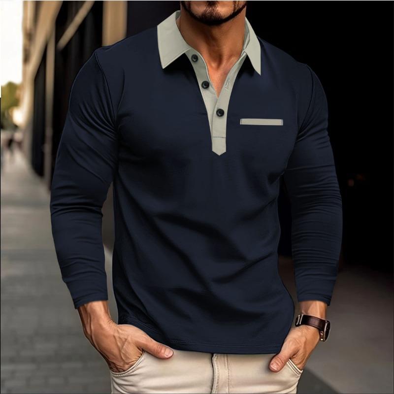 Herre Poloskjorte Casual Herre Langermet T-skjorte Krage-stil Moteabel Herre Fargeblokkert T-skjorte