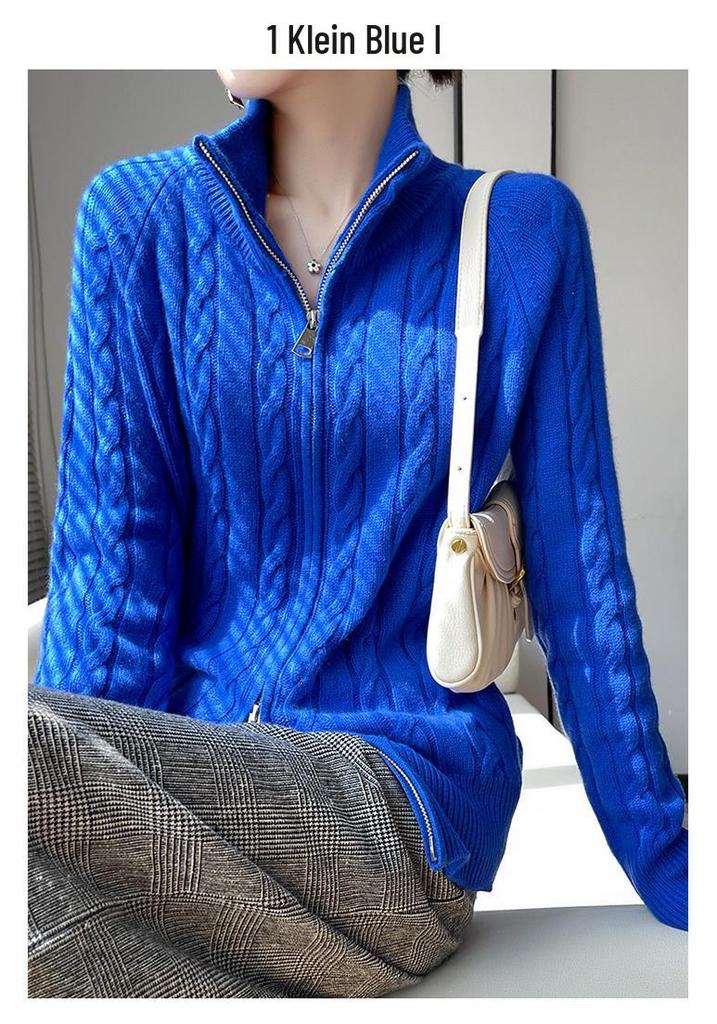 Women's Wool Zipper Knit Cardigan Sweater with Lapel