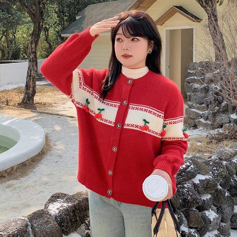 Large size women's clothing winter new lazy wind single-breasted New Year's wear red knitted cardigan 111999